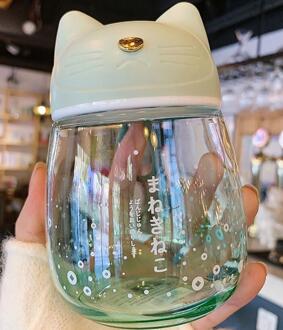 Glas Water Fles Leuke Creatieve Kat Cup Mode Cool Mini Glas Cup Kleurverloop Draagbare Handige Fles Japanse Stijl groen