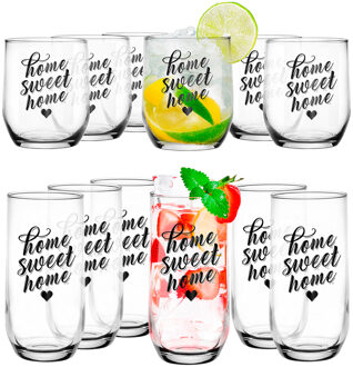 Glasmark Drinkglazen/waterglazen Tumblers Home Sweet Home - transparant glas - 12x stuks - Drinkglazen