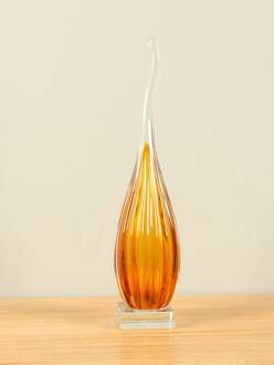 Glassculptuur druppel oker ribbel, 32 cm
