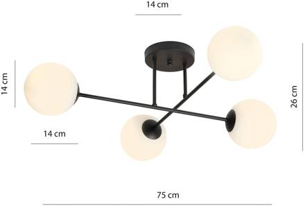 Glassy plafondlamp, 4-lamps, gekruist, zwart/opaal zwart, wit opaal
