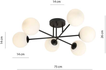 Glassy plafondlamp, 6-lamps, zwart/opaal zwart, wit opaal