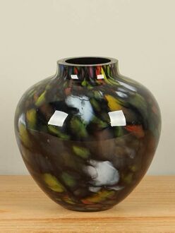 Glazen bol vaas 17 cm, zwart met gekleurde vlekjes
