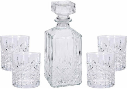 Glazen decoratie fles/karaf 900 ml met 4x glazen 230 ml voor water of likeuren - Karaffen Transparant