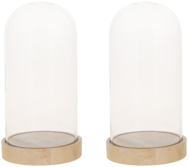 Glazen decoratie stolp op houten plateau - 2x - D10 x H20 cm - Home Deco stolpen - Woonaccessoires