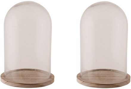 Glazen decoratie stolp op houten plateau - 2x - D17 x H25 cm - Home Deco stolpen - Woonaccessoires