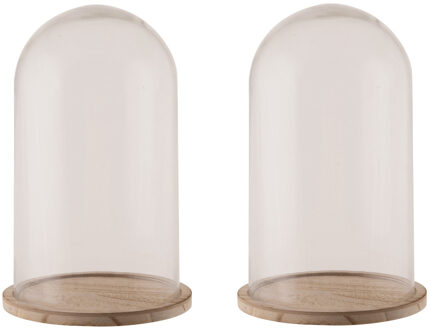 Glazen decoratie stolp op houten plateau - 2x - D18 x H28 cm - Home Deco stolpen - Woonaccessoires