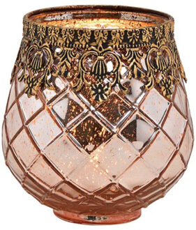 Glazen design windlicht/kaarsenhouder rose goud 13 x 14 x 13 cm - Waxinelichtjeshouders Roze