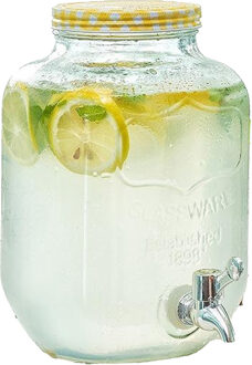 Glazen drankdispenser/limonadetap met geel/wit geblokte dop 4 liter - Drankdispensers