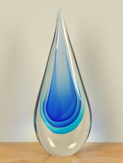 Glazen druppel blauw, 29 cm