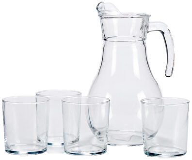 Glazen karaf/schenkkan met deksel - 1,8 liter - met 4 drinkglazen van 400 ml - Drinkglazen Transparant