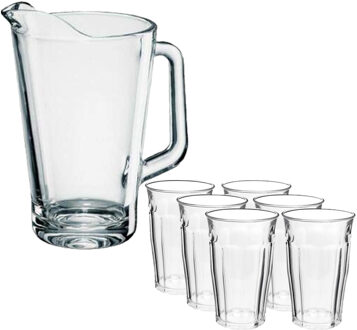 Glazen karaf/schenkkan van 1,5 liter met 6x stuks drinkglazen/waterglazen 360 ml