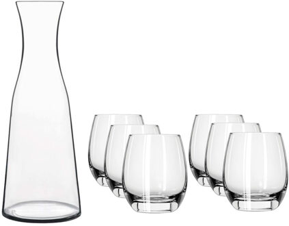 Glazen karaf/schenkkan van 1 liter met 6x stuks drinkglazen/waterglazen 330 ml - Karaffen Transparant