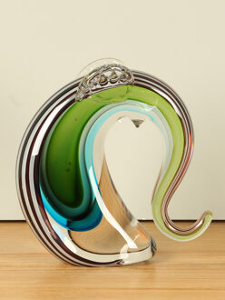 Glazen olifant, blauw/groen met zwarte lijnen, 20 cm