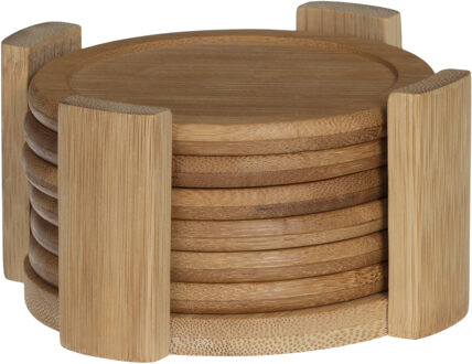 glazen Onderzetters - 6x stuks - bamboe hout - rond - Dia 10 cm - in houder - Glazenonderzetters Bruin