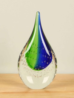 Glazen pegel blauw/groen met luchtbelletjes, 19 cm, Glaspegel, glazen druppel, glassculptuur