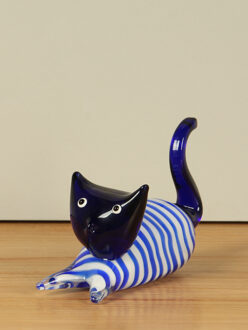 Glazen poes blauw/wit, 12 cm