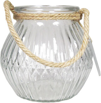 Glazen ronde windlicht Crystal 2,5 liter met touw hengsel/handvat 16 x 14,5 cm - Waxinelichtjeshouders Transparant