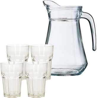 Glazen schenkkan met 4 drink water glazen Transparant