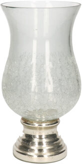 Glazen stormlamp/windlichten craquele op zilveren voet 26,5 cm