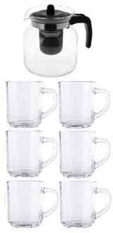 Glazen theepot met 6 theeglazen - infuser - 1,5 liter - 250 ml kopjes