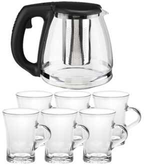 Glazen theepot met filter/infuser van 1,2 liter met 6x stuks theeglazen van 170 ml - Theepotten Zwart