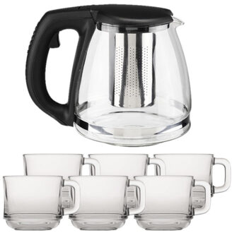 Glazen theepot met filter/infuser van 1,2 liter met 6x stuks theeglazen van 220 ml
