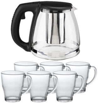 Glazen theepot met filter/infuser van 1,2 liter met 6x stuks theeglazen van 350 ml