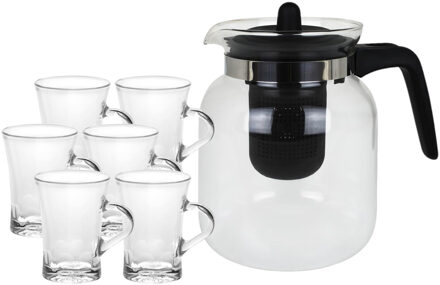 Glazen theepot met filter/infuser van 1,5 liter met 6x stuks theeglazen van 170 ml - Theepotten Zwart
