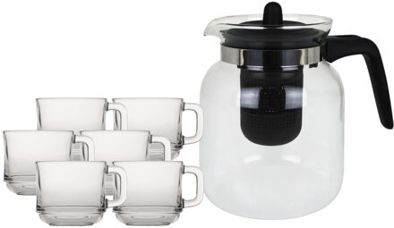 Glazen theepot met filter/infuser van 1,5 liter met 6x stuks theeglazen van 220 ml - Theepotten Zwart