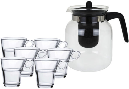 Glazen theepot met filter/infuser van 1,5 liter met 6x stuks theeglazen van 220 ml