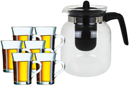Glazen theepot met filter/infuser van 1,5 liter met 6x stuks theeglazen van 230 ml
