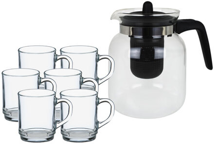 Glazen theepot met filter/infuser van 1,5 liter met 6x stuks theeglazen van 260 ml - Theepotten Zwart