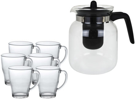 Glazen theepot met filter/infuser van 1,5 liter met 6x stuks theeglazen van 350 ml