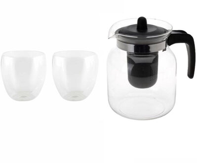 Glazen theepot zwart met filter van 1,5 liter met 2x stuks dubbelwandige theeglazen van 200 ml - Theepotten