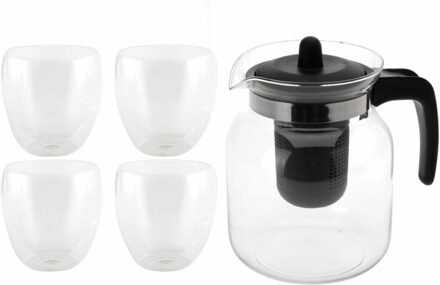 Glazen theepot zwart met filter van 1,5 liter met 4x stuks dubbelwandige theeglazen van 200 ml