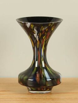 Glazen trompetvaas 22 cm, zwart met gekleurde vlekjes