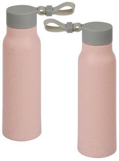Glazen waterfles/drinkfles - 2x - lichtroze coating - met kunststof schroefdop - 300 ml - Sportfles