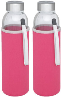 Glazen waterfles/drinkfles - 2x stuks - softshell bescherm hoes roze - 500 ml - Sportfles - Bidon