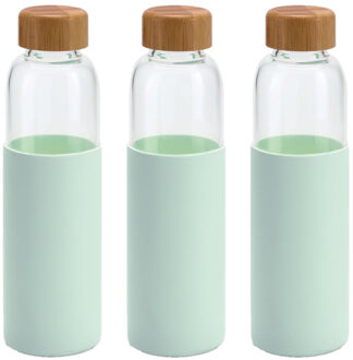 Glazen waterfles/drinkfles - 3x - mintgroen siliconen beschermhoes - 600 ml - Sportfles - Bidon