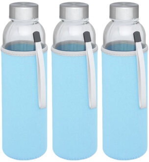 Glazen waterfles/drinkfles - 3x stuks - softshell bescherm hoes blauw - 500 ml - Sportfles - Bidon