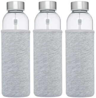Glazen waterfles/drinkfles - 3x stuks - softshell bescherm hoes grijs - 500 ml - Sportfles - Bidon