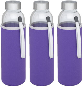 Glazen waterfles/drinkfles - 3x stuks - softshell bescherm hoes paars - 500 ml - Sportfles - Bidon