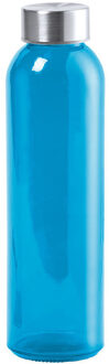 Glazen waterfles/drinkfles blauw transparant met RVS dop 500 ml - Drinkflessen