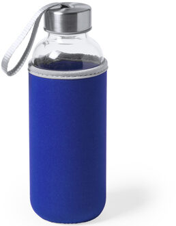 Glazen waterfles/drinkfles met blauwe softshell bescherm hoes 420 ml - Drinkflessen