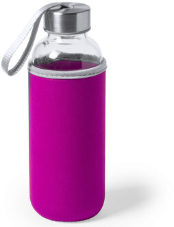 Glazen waterfles/drinkfles met fuchsia roze softshell bescherm hoes 420 ml - Drinkflessen