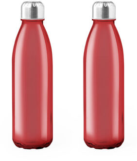 Glazen waterfles/drinkfles met RVS dop - 2x - rood transparant - 650 ml - Sportfles - Bidon