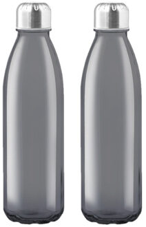 Glazen waterfles/drinkfles met RVS dop - 2x - zwart transparant - 650 ml - Sportfles - Bidon