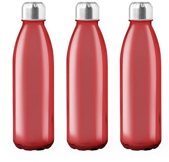 Glazen waterfles/drinkfles met RVS dop - 3x - rood transparant - 650 ml - Sportfles - Bidon