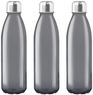 Glazen waterfles/drinkfles met RVS dop - 3x - zwart transparant - 650 ml - Sportfles - Bidon
