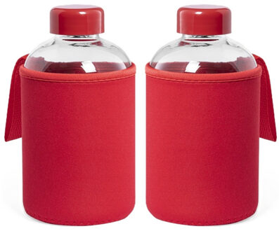 Glazen waterfles/drinkfles softshell bescherm hoes - 2x - rood - 600 ml - Sportfles - Bidon
